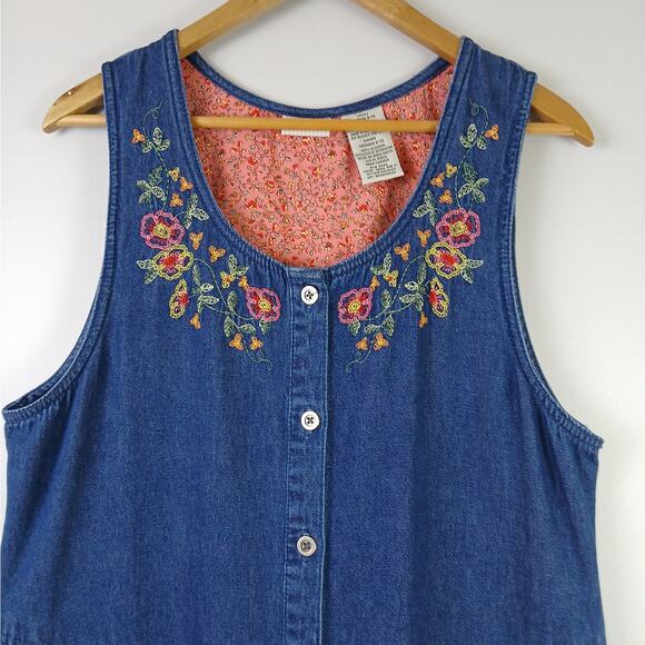 VTG White Stag SZ M 8/10 Embroidered Denim Button Front Tank Maxi Dress Pockets - Picture 4 of 6